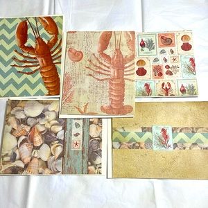 Set of 5 coastal seashells lobster greeting cards